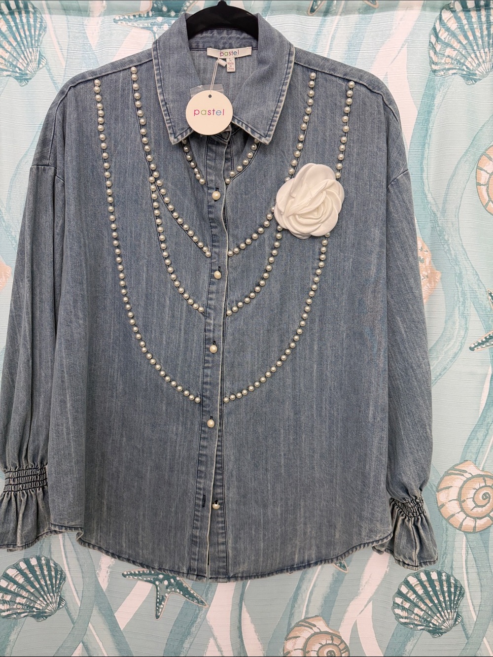 Pastels Blue Denim Shirt with Pearl Chains and White Flower Pin